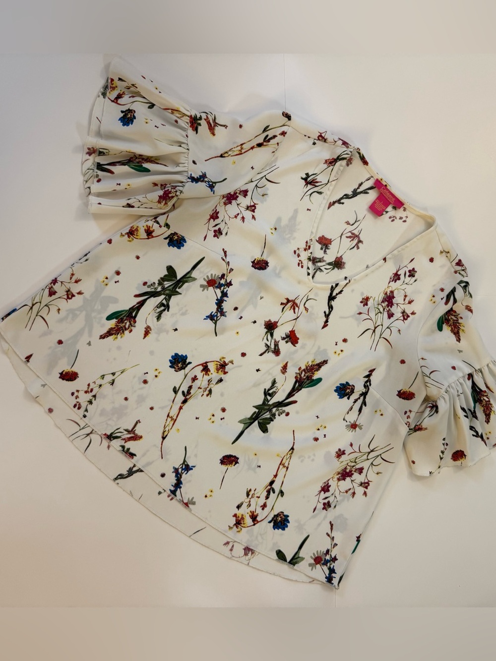 Catherine Malandrino White Floral Ruffle Bell Sleeve Top Large - Picture 5 of 7